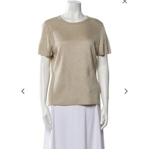 St John Women's Small Short Sleeve Scoop Neck Sweater Tan Bronze Ribbed Knit